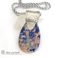 Orange Blue Sodalite Sterling Silver Necklace - Unique Gemstone Jewelry