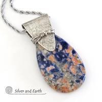 Orange Blue Sodalite Sterling Silver Necklace - Unique Gemstone Jewelry