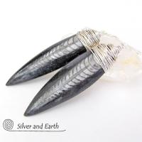Orthoceras Fossil Earrings Wrapped in Sterling Silver - Ancient Fossil Jewelry