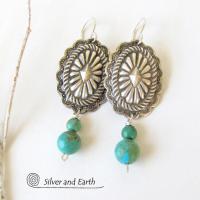 Sterling Silver Concho Earrings with Turquoise - Southwestern Silver Jewelry