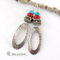 Sterling Silver Hoop Earrings with Turquoise, Coral & African Beads