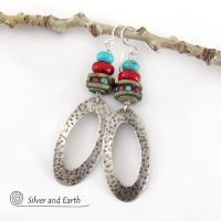 Sterling Silver Hoop Earrings with Turquoise, Coral & African Beads