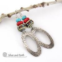 Sterling Silver Hoop Earrings with Turquoise, Coral & African Beads