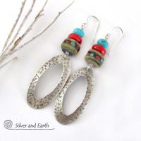 Sterling Silver Hoop Earrings with Turquoise, Coral & African Beads