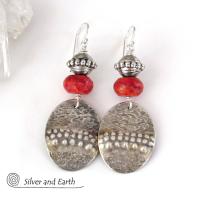 Textured Sterling Silver Earrings with Red Coral - Modern Tribal Jewelry