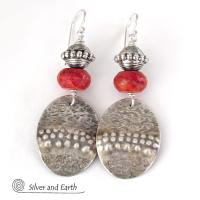Textured Sterling Silver Earrings with Red Coral - Modern Tribal Jewelry