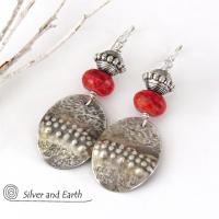 Textured Sterling Silver Earrings with Red Coral - Modern Tribal Jewelry