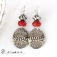 Textured Sterling Silver Earrings with Red Coral - Modern Tribal Jewelry