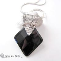 Sterling Silver Necklace with Faceted Black Onyx Gemstone - Unique Jewelr