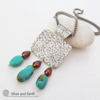 Sterling Silver Necklace with Turquoise and Bronze Pearls