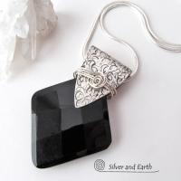 Sterling Silver Necklace with Faceted Black Onyx Gemstone - Unique Jewelr