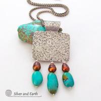 Sterling Silver Necklace with Turquoise and Bronze Pearls