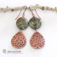 Natural Picasso Jasper Stone Earrings with Textured Copper Dangles