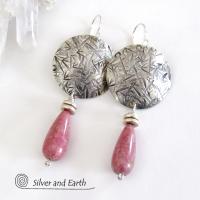 Sterling Silver Earrings with Pink Rhodonite Stones - Silver & Stone Jewelry