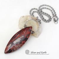 Large Brecciated Poppy Jasper Stone Necklace with Sterling Silver