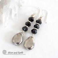 Pyrite Gemstone Earrings with Sparkly Black Crystals- Elegant Dressy Jewelryl