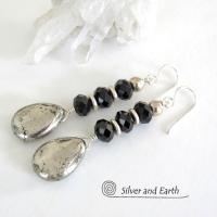 Pyrite Gemstone Earrings with Sparkly Black Crystals- Elegant Dressy Jewelry
