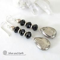 Pyrite Gemstone Earrings with Sparkly Black Crystals- Elegant Dressy Jewelry