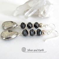 Pyrite Gemstone Earrings with Sparkly Black Crystals- Elegant Dressy Jewelry