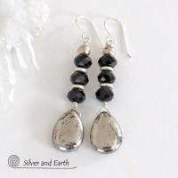 Pyrite Gemstone Earrings with Sparkly Black Crystals- Elegant Dressy Jewelry