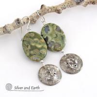 Green Rainforest Jasper Sterling Silver Earrings - Earthy Natural Stone Jewelry