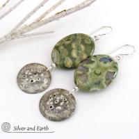 Green Rainforest Jasper Sterling Silver Earrings - Earthy Natural Stone Jewelry