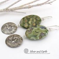 Green Rainforest Jasper Sterling Silver Earrings - Earthy Natural Stone Jewelry