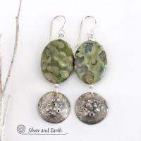 Green Rainforest Jasper Sterling Silver Earrings - Earthy Natural Stone Jewelry