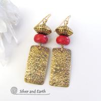 Gold Brass Earrings with Red Coral & Brass Beads - Modern Tribal Jewelry