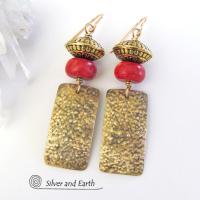 Gold Brass Earrings with Red Coral & Brass Beads - Modern Tribal Jewelry