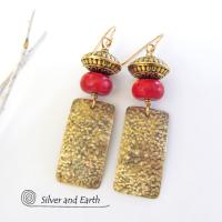 Gold Brass Earrings with Red Coral & Brass Beads - Modern Tribal Jewelry