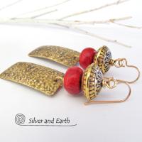 Gold Brass Earrings with Red Coral & Brass Beads - Modern Tribal Jewelry