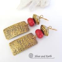 Gold Brass Earrings with Red Coral & Brass Beads - Modern Tribal Jewelry