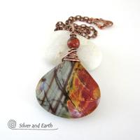 Red Creek Jasper Pendant Necklace - Copper Wire Wrapped Stone Jewelry