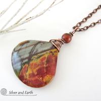 Red Creek Jasper Pendant Necklace - Copper Wire Wrapped Stone Jewelry