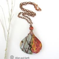 Red Creek Jasper Pendant Necklace - Copper Wire Wrapped Stone Jewelry