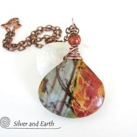 Red Creek Jasper Pendant Necklace - Copper Wire Wrapped Stone Jewelry