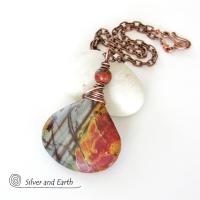 Red Creek Jasper Pendant Necklace - Copper Wire Wrapped Stone Jewelry