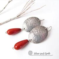 Sterling Silver Earrings with Red Jasper Gemstones - Modern Silver Jewelry