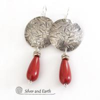 Sterling Silver Earrings with Red Jasper Stones - Modern Silver Jewelry