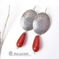 Sterling Silver Earrings with Red Jasper Gemstones - Modern Silver Jewelry