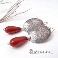 Sterling Silver Earrings with Red Jasper Gemstones - Modern Silver Jewelry