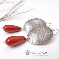 Sterling Silver Earrings with Red Jasper Gemstones - Modern Silver Jewelry