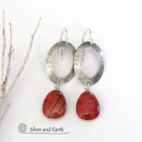 Sterling Silver Oval Hoop Dangle Earrings with Natural Red Jasper Stones