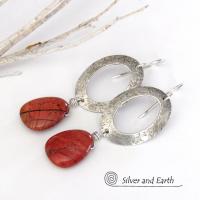 Sterling Silver Oval Hoop Dangle Earrings with Natural Red Jasper Stones