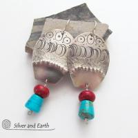 Sterling Silver Earrings with Sleeping Beauty Turquoise & Red Coral
