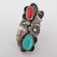 Large Southwestern Sterling Silver Ring with Turquoise and Red Coral