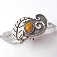 Big Bold Vintage Statement Ring with Sterling Silver Leaf and Tigers Eye Stone