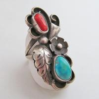 Large Southwestern Sterling Silver Ring with Turquoise and Red Coral