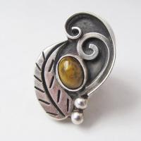 Big Bold Vintage Statement Ring with Sterling Silver Leaf and Tigers Eye Stone